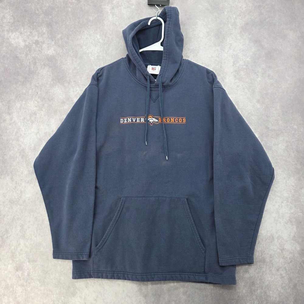 Vintage Denver Broncos Hoodie NFL Navy Blue Embroidered Logo Sweatshirt Mens XL